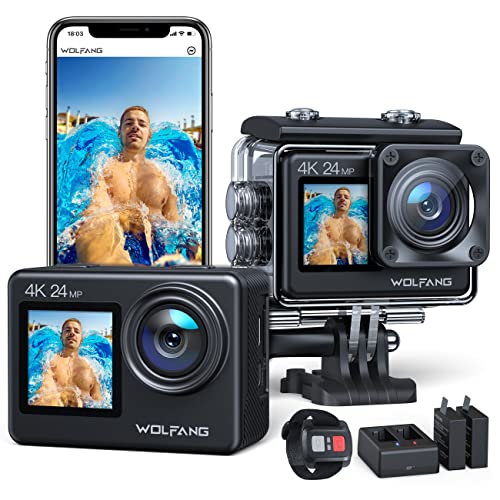 WOLFANG GA200 アクションカメラ 4K 24MP 防水40M デュアルスクリーンカメラ EIS手振れ補正 WiFi調整可能な広角 Vlogカメラ (充電器、2つ