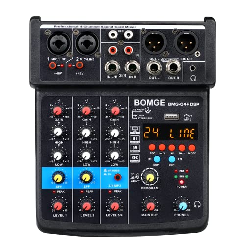 BOMGE-04F 4チャンネルdjオーディオサウンドミキサー、MP3 / USB Bluetooth、ステレオレコード/ 48V / 16 DSPエコーエフェクト、ライブブ