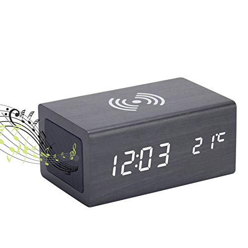 DEMI LOUS 目覚まし時計 おしゃれ 置き時計 スピーカー bluetooth5.0 ワイヤレス充電 温度計 多機能 デジタル インテリア 時計 木目 卓上