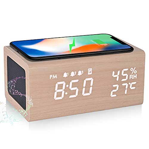 Electime 目覚まし時計 めざまし スピーカー Bluetooth5.0 ワイヤレス充電器 3組アラーム 木目 置き時計 デジタル 卓上 湿度 温度計機能