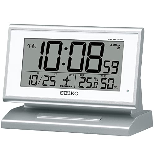 セイコー クロック 目覚まし時計 自動点灯 電波 デジタル カレンダー 温度 湿度 表示 夜でも見える 銀色 メタリック SQ768S SEIKO