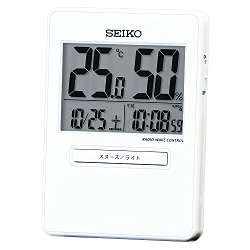 セイコークロック 置き時計 目覚まし時計 電波 デジタル カレンダー 温度湿度表示 白 本体サイズ:9.2×6.6×1.4cm SQ797W