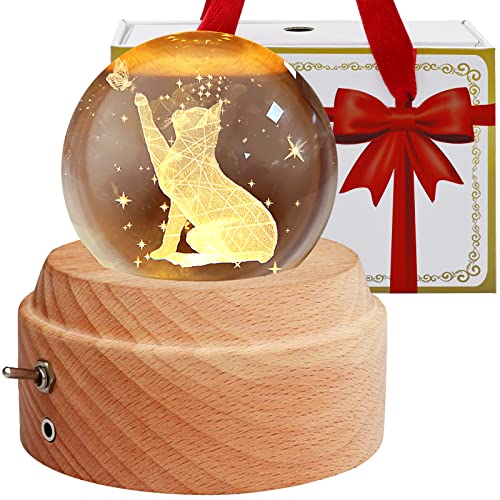 【YIBAIKE ギフトボックス】オルゴール 誕生日プレゼント 正規品 猫 クリスタル ボール 間接照明 LEDライト USB充電式 投影機能 木製土台