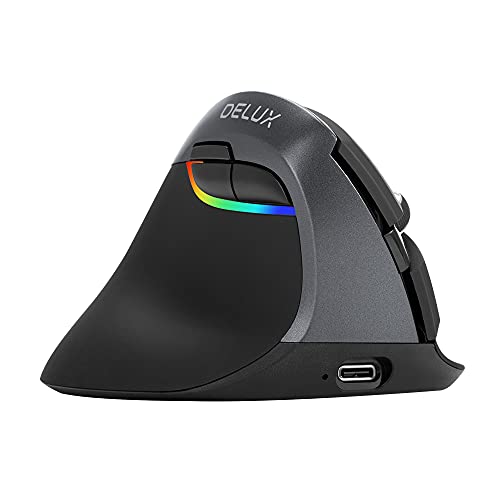 DELUX エルゴノミクスマウス 左利き 無線縦型マウス 静音 小型 4000DPI RGBライト 左手用 充電式 手根管、手首、手の疲れに Bluetooth、2