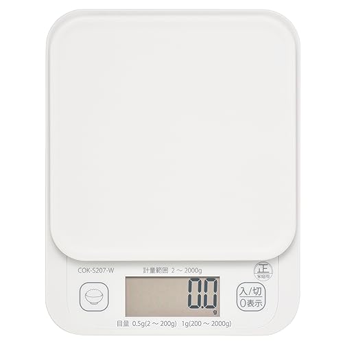 オーム電機 キッチンスケール クッキングスケール デジタルはかり デジタル計り 料理用はかり 2kg計 ご飯カロリーボタン付き ホワイト CO