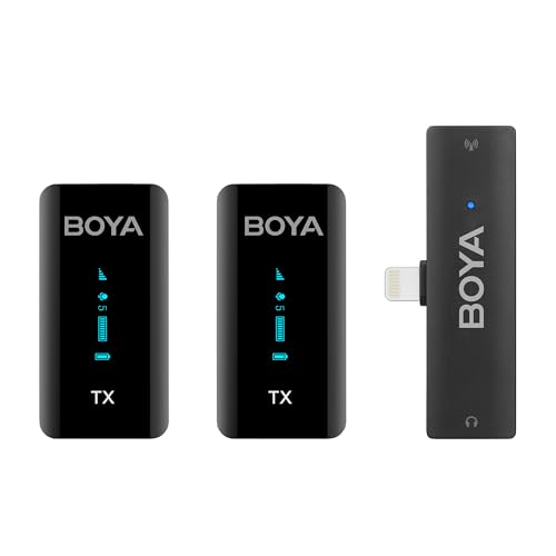 iPhone用 外付けマイク BOYA XM6-S4 配信用 2.4GHz ワイヤレスマイク 360°集音 無指向性 操作簡単 有機ELスクリーン ボリューム、パワー